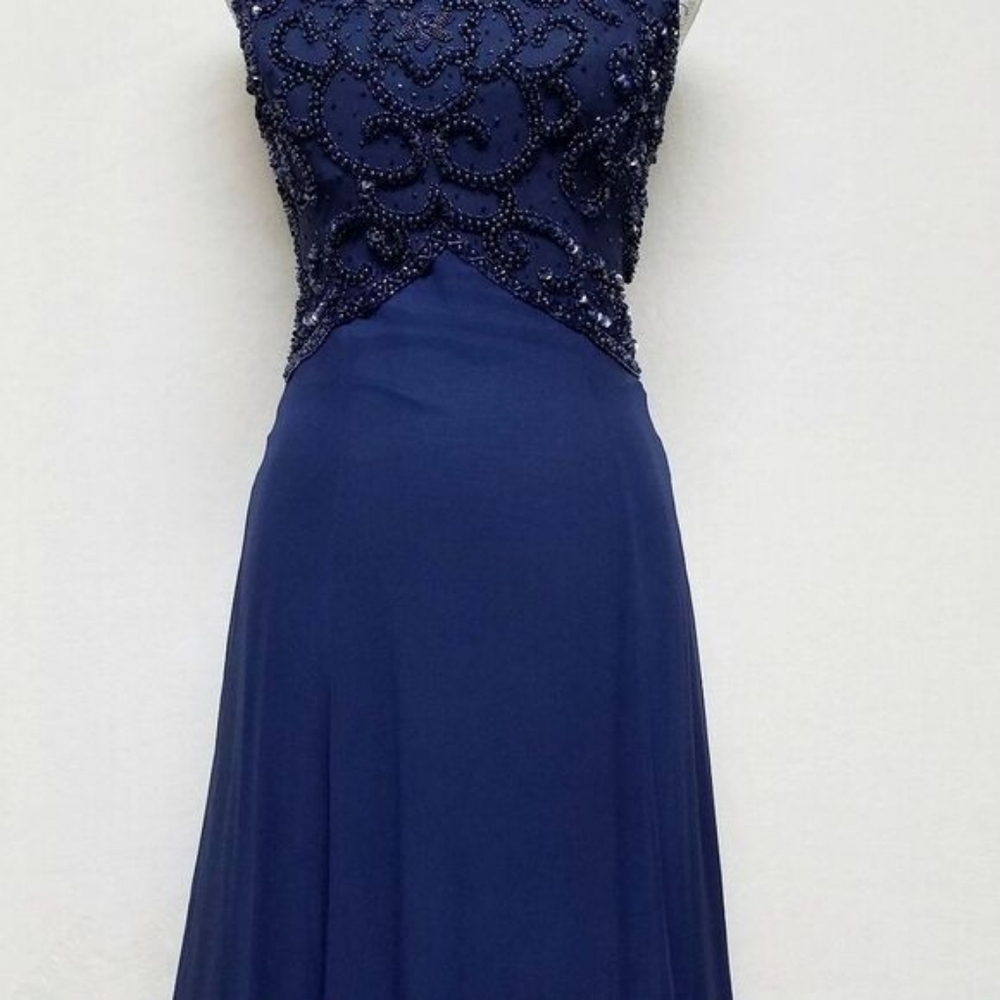 Rare Vintage 70s Blue Silk Chiffon Beaded Sequin High Neck Sleeveless Maxi Dress - Picture 5 of 14